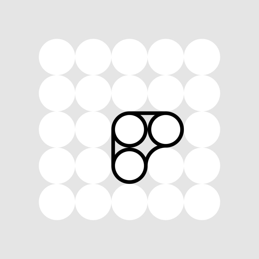 A grid of circles with three circled to create a P shape used in the distillery logo